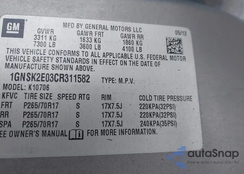 2012 Chevrolet Tahoe Commercial Fleet z USA, uszkodzony, nr VIN 1GNSK2E03CR311582